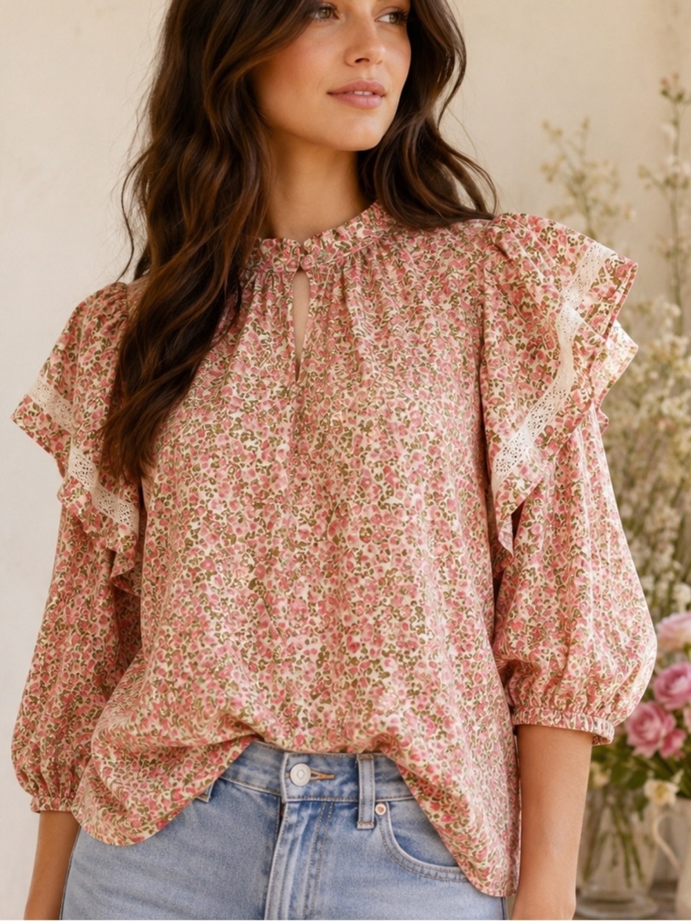Who What Wear Pink Floral Lace Ruffle Puff Sleeve Peasant Blouse L